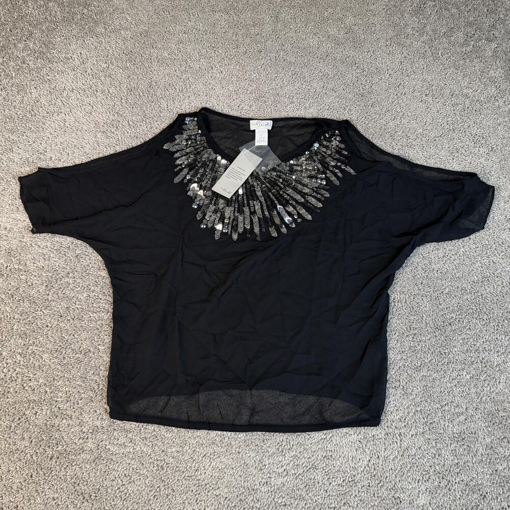 Rudi Blouse Womens S Black Sequin Cold Shoulder Scoop Neck Party Chiffon